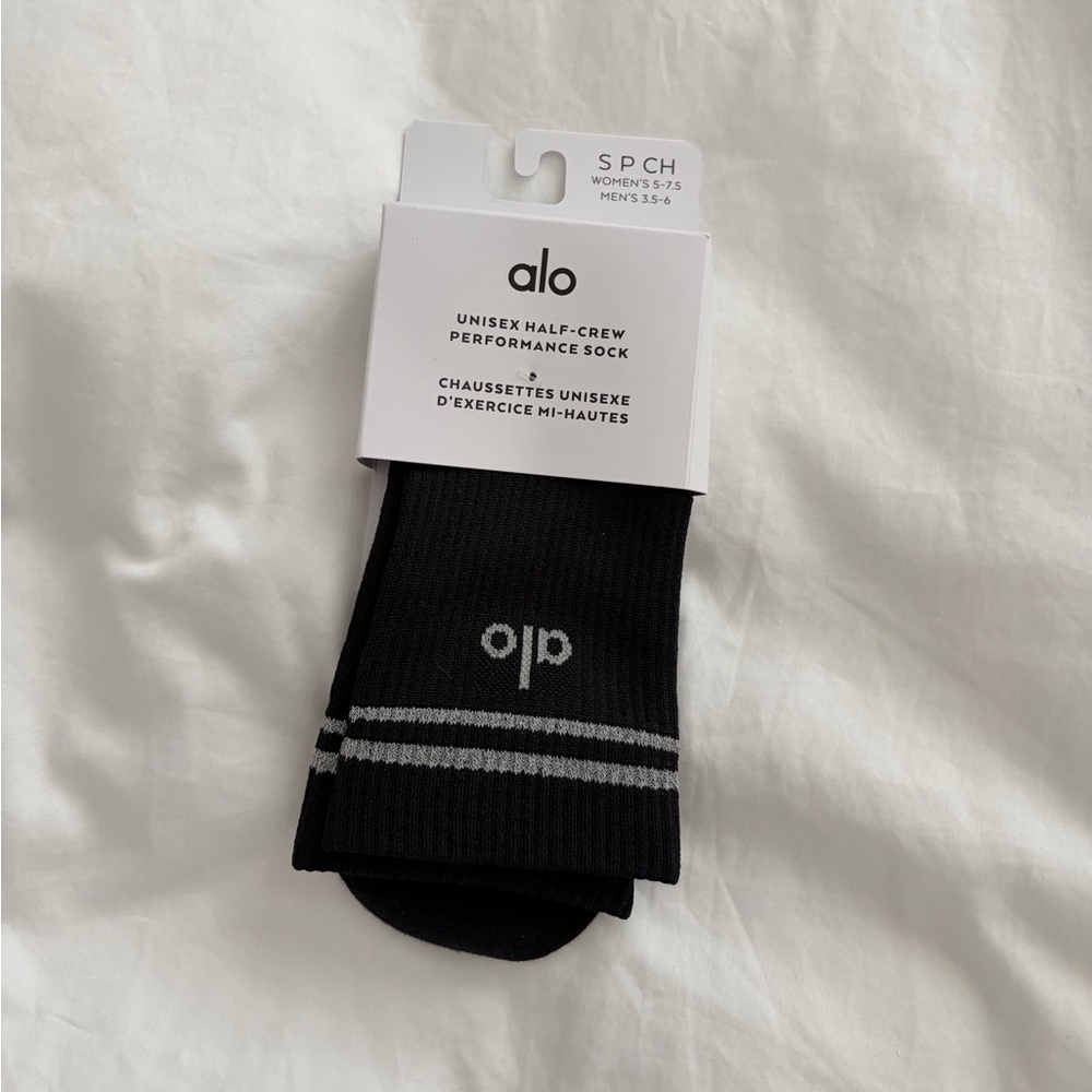 ALO Yoga Black Athletic Half-Crew Socks with Gray Stripe